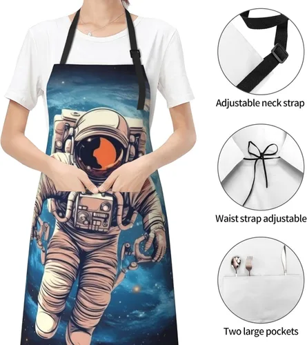Miniatura 7 de Astronauta Planet Print Apron Waterproof Adjustable Neck Kitchen Aprons With Pockets Chef Apron For Women Men