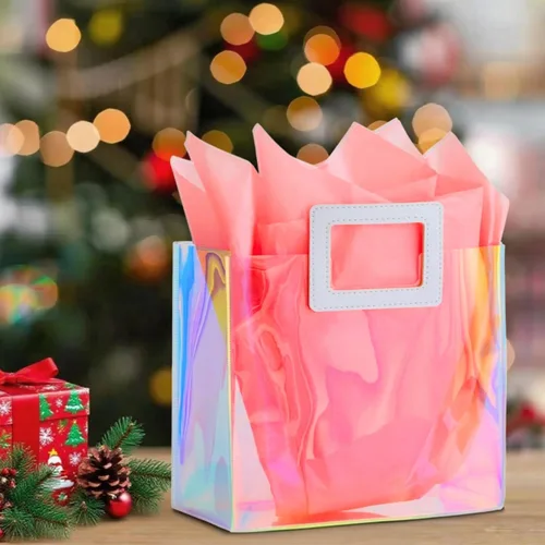 Miniatura 7 de Bolsa de regalo holográfica mediana de 11 pulgadas con papel de seda, bolsa de regalo reutilizable de cumpleaños para mujeres y niñas, iridiscente