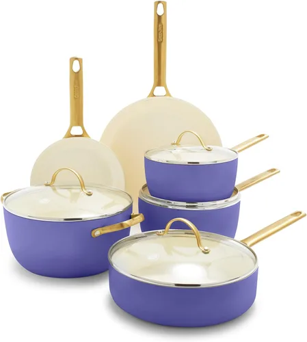 GreenPan - Juego de ollas y sartenes de cerámica anodizada y saludable de 10 piezas, antiadherente, mango dorado, sin PFAS, apto para lavavajillas,