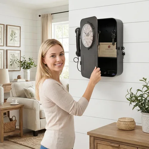 Miniatura 2 de Reloj de pared para teléfono vintage con caja fuerte de almacenamiento oculto, armario retro con cerradura para llaves montado en la pared