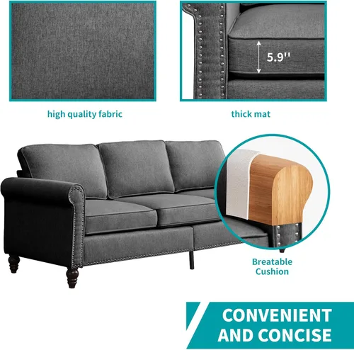 Miniatura 6 de BALUS Couches Sofa Set for Living Room, Couch Sofa with Wooden Sofa Legs, Linen Living Room Furniture with Nailhead Trim, 6" Cushion, Sectional