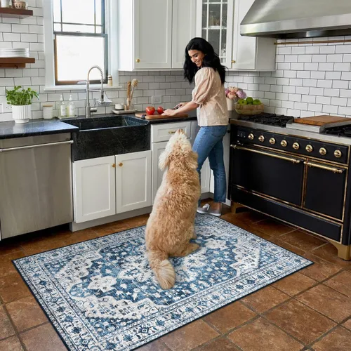 Miniatura 2 de Moynesa Alfombra ultrafina lavable – Alfombra de cocina azul de 3 x 5 pies, alfombras lavables para entrada, tapete antideslizante para puerta