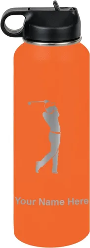 Miniatura 41 de LaserGram Botella de agua personalizada, golfista de golf, acero inoxidable de doble pared aislada al vacío con popote superior, regalo grabado Negro