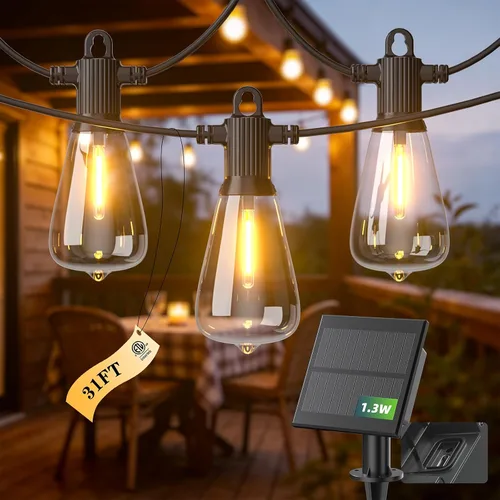 Miniatura 16 de Guirnalda de luces LED para exteriores, 25 pies, impermeables, para patio, con 12+1 bombillas Edison ST38 inastillables, luz colgante blanca cálida