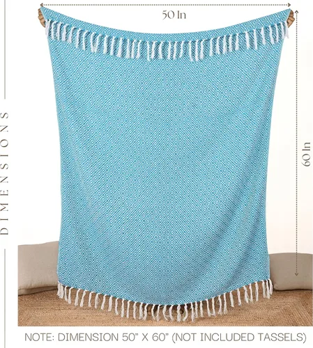 Miniatura 6 de RAJRANG - Manta azul aguamarina con borla bohemia, 50 x 60 pulgadas, súper suave, 100% algodón, cálida manta decorativa para sofá, sillas y sofá