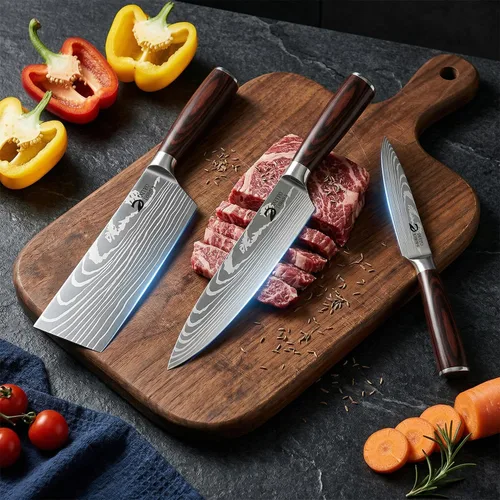 Miniatura 5 de Dfito Juego de cuchillos de cocina, 3 piezas de acero inoxidable de alto carbono con mango de madera de Pakkawood roja, juegos de cuchillos de chef