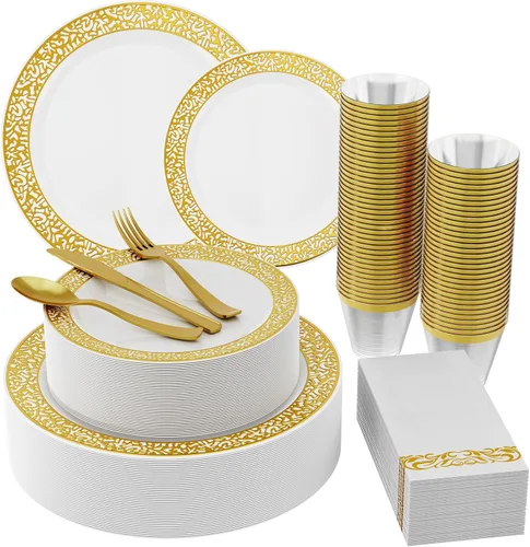 Vajilla de plástico dorado de 210 unidades, platos desechables dorados, incluye: 30 platos de cena y 30 platos de postre, 30 tazas, 30 servilletas