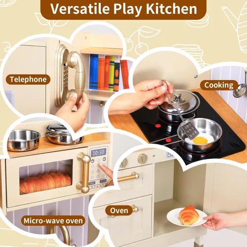 Miniatura 6 de Arlopu Cocina de Juguete para Niños, Juegos de Cocina de Madera para Niños Pequeños, Set de Cocina de Simulación con Almacenamiento y Accesorios