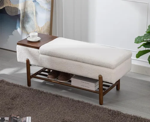 EALSON Banco de almacenamiento moderno para dormitorio, extremo de la cama, banco otomano tapizado de sherpa con almacenamiento y zapatero de Beige