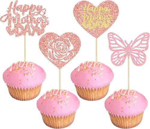Miniatura 13 de Gyufise 1 pieza de decoración de pastel para el Día de la Madre con purpurina de corazón Love You Mom Cake Pick Rose Flower Best Mom Cupcake Decor