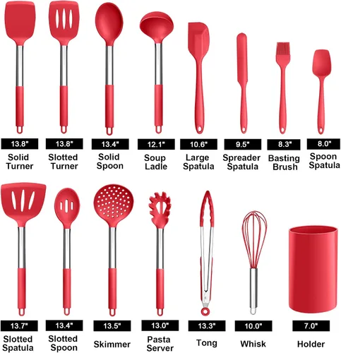 Miniatura 2 de LIANYU Juego de utensilios de cocina de 15 piezas con soporte, herramientas de cocina de silicona, mango de acero inoxidable, espátula ranurada, Rojo