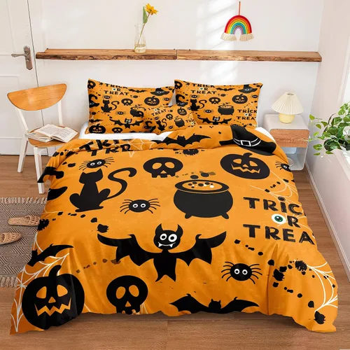 Miniatura 45 de Juego de funda de edredón de calabaza para Halloween, divertido diseño de calabaza malvada, color negro, juego de ropa de cama Tiwn 1 funda