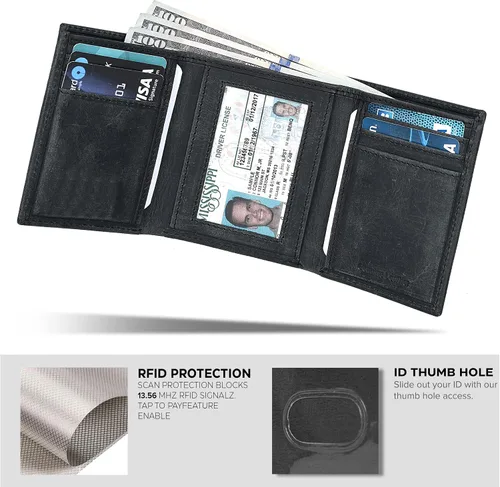 Miniatura 5 de Real Leather Trifold Wallet For Men - Slim Ultra Thin Tri Fold Front Pocket Minimalist Credit Card Holder ID Window Gift Men