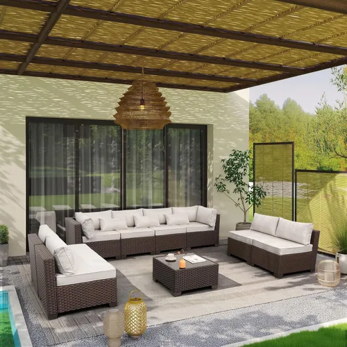 Miniatura 10 de Juego de 9 muebles seccionales de mimbre para exteriores para todo tipo de clima, mesa de patio seccional de vidrio, cojines antideslizantes y Caqui