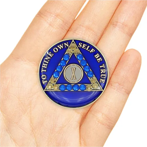 Miniatura 6 de Moneda de sobriedad de 10 años Ficha de aniversario de recuperación de medallón de chip AA cristalizado azul con oración de serenidad