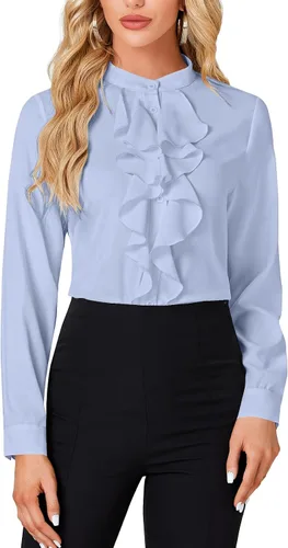 Miniatura 9 de LYANER - Blusa de cuello alto con botones, volantes en el frente, manga larga, camisa de trabajo para mujer