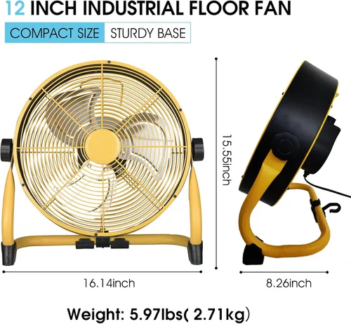 Miniatura 2 de Ventilador de alta velocidad de 12 pulgadas, ventiladores de piso industriales resistentes de 3 velocidades, ventilador portátil con inclinación