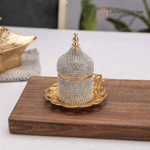 Miniatura 5 de Alisveristime Juego de café turco adornado con cristal, 27 piezas, tazas decorativas de Zamac para espresso, platillos y azucarero con bandeja