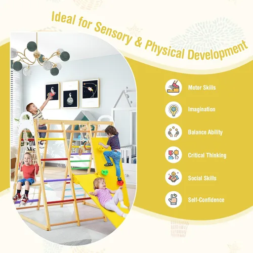 Miniatura 6 de GLACER Gimnasio de la selva 8 en 1, gimnasio de escalada interior de madera con tobogán, columpio, barras de mono, escalera de cuerda, escalada