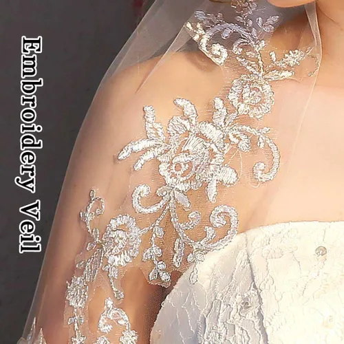 Miniatura 2 de 2 niveles velos de boda de encaje para novias corto longitud de cintura velo de novia con peine para novias
