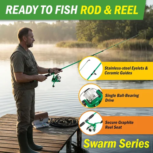 Miniatura 3 de Wakeman Fiberglass Fishing Rod and Reel Combo – 2-Piece 65-Inch Medium Action Spinning Rod Set for Lake Fishing Verde esmeralda Metallic