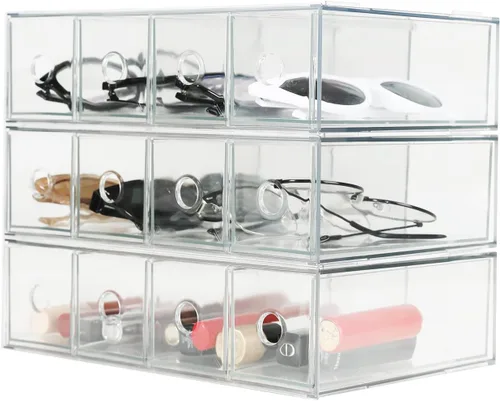Miniatura 8 de Paquete de 3 cajones de almacenamiento de acrílico apilables, organizador de escritorio, cajas de almacenamiento de cosméticos transparentes, diseño
