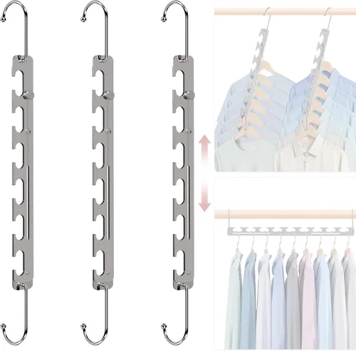 Paquete de 3 perchas que ahorran espacio para ropa, 6 a 9 agujeros expandibles de metal resistente, capacidad de 80 libras, colgador inteligente
