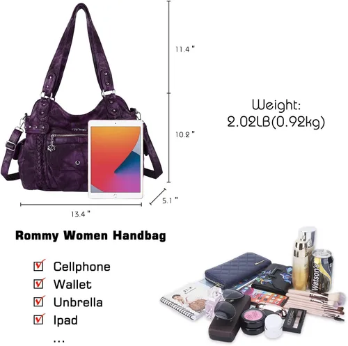 Miniatura 170 de Angel Barcelo - Bolsa de hombro amplia para mujer, diseño Hobo, cuero lavado