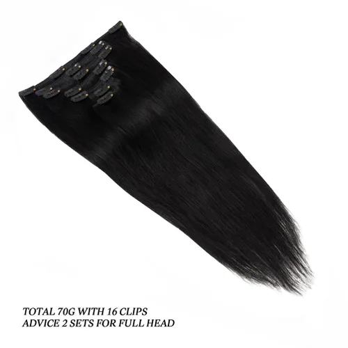 Miniatura 2 de Extensiones de cabello humano Remy de 14 pulgadas, 2.47 onzas, 7 unidades, 16 clips, lacio, grueso, 100% real, para mujer, color negro natural 1B