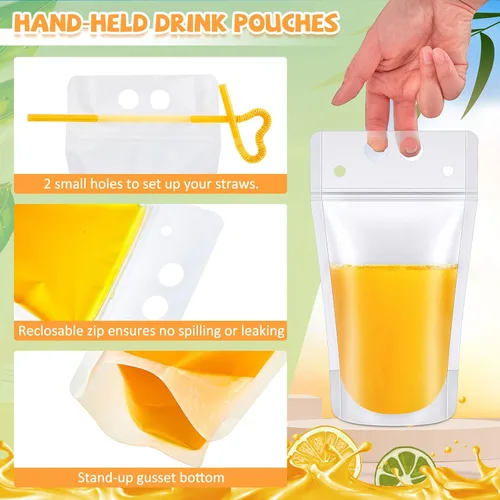 Miniatura 3 de Tessco for you 10 bolsas de plástico de verano para bebidas con pajitas, bolsas de mano translúcidas resellables de 17 onzas, bolsas portátiles