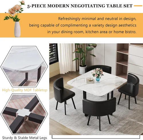 Miniatura 3 de Juego de mesa de comedor cuadrada de 39 pulgadas para 4, juego de mesa de negociación que ahorra espacio con 4 sillas tapizadas, juego de 5 piezas