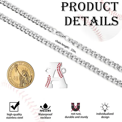 Miniatura 6 de QINJIEJIE Collar de béisbol inicial A-Z con letras, accesorios deportivos, colgante de encanto de béisbol, joyería de cadena de acero inoxidable 2-P