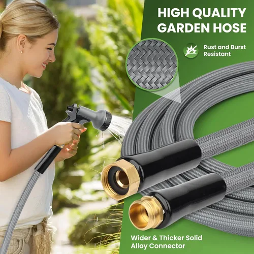 Miniatura 6 de KLABB Manguera de jardín de 20 pies de 5/8 pulgadas con conectores de latón macizo y boquilla de 10 funciones, manguera de acero PET flexible