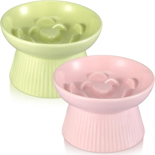 Miniatura 8 de Layhit Paquete de 2 cuencos elevados de alimentación lenta para gatos, cuencos elevados de cerámica para comida para gatos, anti vómitos, comedero