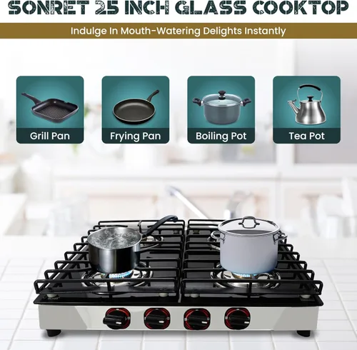 Miniatura 6 de Estufa de gas de 4 quemadores – Estufa de encimera de vidrio templado negro de 25 pulgadas, estufa de gas inoxidable, 4 quemadores, estufa de rv