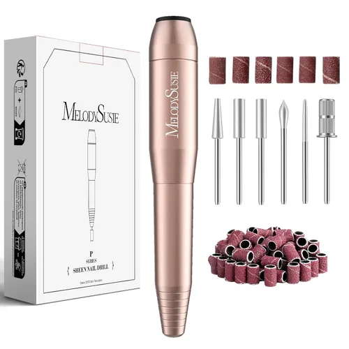 MelodySusie - Kit de torno eléctrico PC120I negro con lima portátil para uñas de gel y acrílico, incluye fresas, bandas de limado, dorado