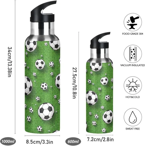 Miniatura 2 de Soccer Balls Green Insulated Stainless Steel Water Bottle with Straw 20 Oz Leakproof Water Bottles, BPA-Free Sport Water Bottle