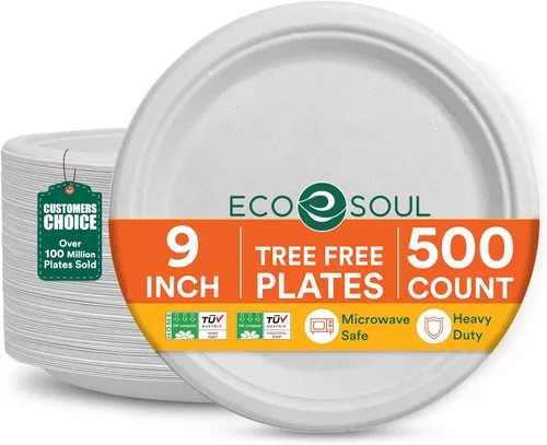 ECO SOUL Compostable Paper Plates 9 Inch, 500 Pack – Heavy Duty Disposable Dinner Paper Plates, White Bagasse, Leak-Resistant, Microwave Safe,