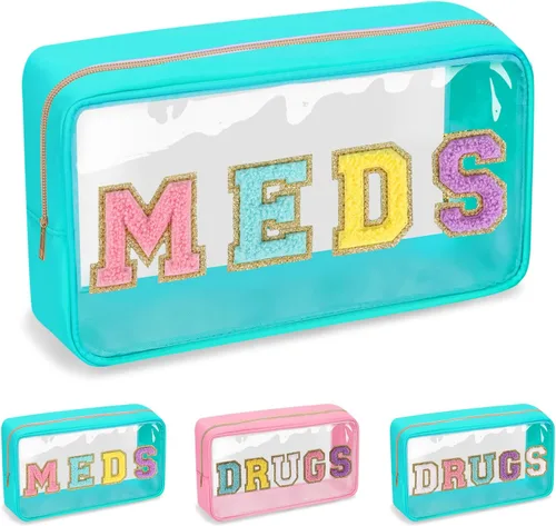 Miniatura 15 de Iqimott Bolsa de parche de felpilla con letras MEDS transparente, bolsa de maquillaje portátil de preparación para mujeres y niñas, viajes, bolsa