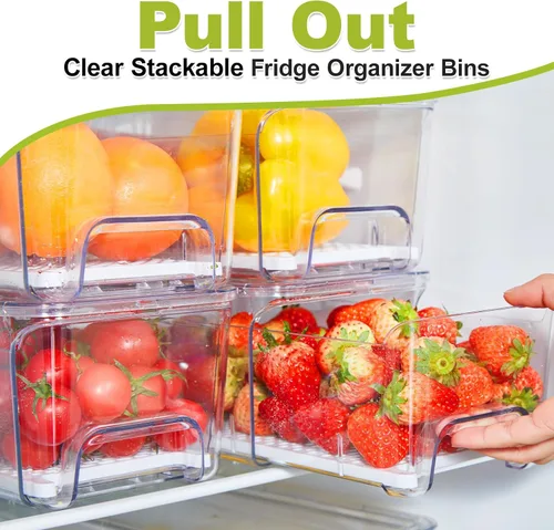Miniatura 2 de Cajón organizador extraíble para refrigerador, contenedores apilables para refrigerador con bandeja de drenaje y tapa, caja transparente