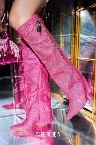 Miniatura 4 de Cape Robbin Botas de diamantes de imitación para mujer, con candado, hasta la rodilla, tacón de cuña, punta puntiaguda, botas altas de meter