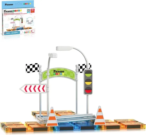 Miniatura 9 de PicassoTiles Azulejos Magnéticos de Construcción Pista de Autos Vehículo Magnético Tema de Aventura Calle Impresa Carretera Pista Autopista Bloque