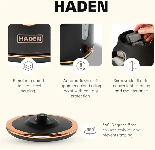 Miniatura 3 de Haden Dorset - Hervidor eléctrico de acero inoxidable de 1,7 litros, hervidor de agua caliente con base de 360 grados y apagado automático, negro