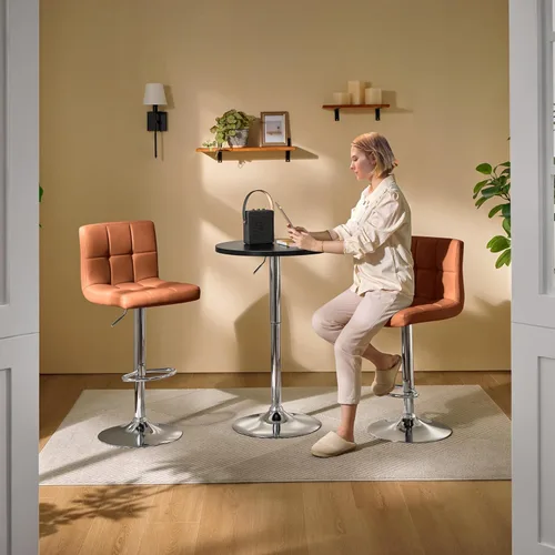 Miniatura 2 de Yaheetech Mesa de bar redonda, altura ajustable y mesas giratorias de 360°, mesa de cóctel con parte superior de MDF, base de patas plateada
