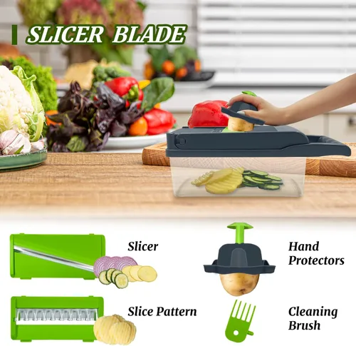 Miniatura 4 de Picador de verduras, multifuncional 14 en 1, picador de verduras de cocina con 8 cuchillas, cortador de cebolla profesional, cortador de verduras