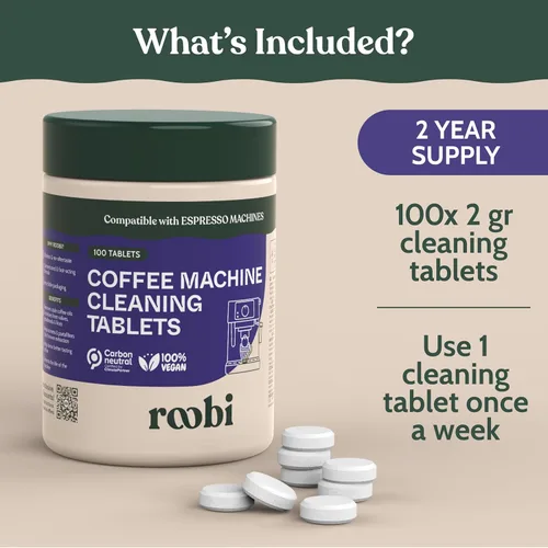Miniatura 3 de Roobi - Pastillas limpiadoras para máquina de café expreso. Limpiador de máquina de café en pastillas. Paquete de 100 pastillas limpiadoras de café