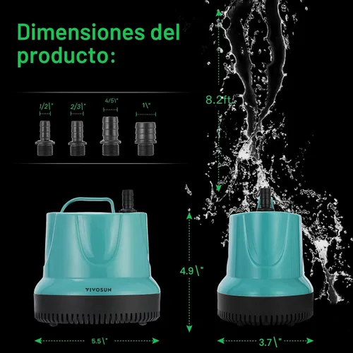 Miniatura 6 de VIVOSUN Bomba sumergible 660GPH 40W para pecera, estanque, acuario, sistemas hidropónicos con cable de alimentación de 5 pies y 4 boquillas