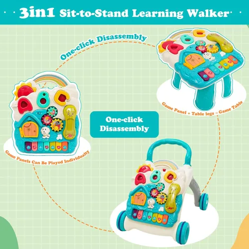 Miniatura 4 de Caminante de aprendizaje sentado a pie 3 en 1 Baby Walker Centro de actividades de educación temprana con diseño de peso, sonidos y teléfono Azul
