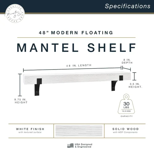 Miniatura 2 de Master & Co. Repisa de chimenea flotante moderna con soportes de metal negro, estantes flotantes largos para decoración de pared, 48 pulgadas, veta