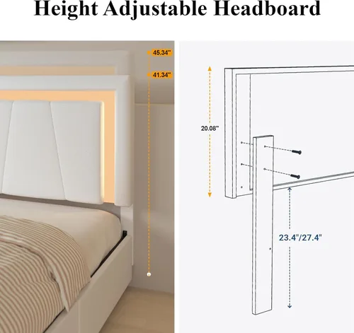 Miniatura 3 de Benevika Marco de Cama Queen con 4 Cajones de Almacenamiento y Cabecera Ajustable, Cama de Plataforma Tapizada con LED con Puertos Tipo C y USB